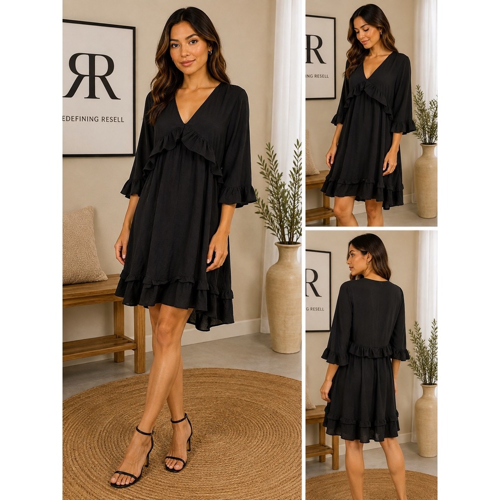 Entro Black Ruffled 3/4 Sleeve V Neck Babydoll Tiered Short Dress NWT Size M